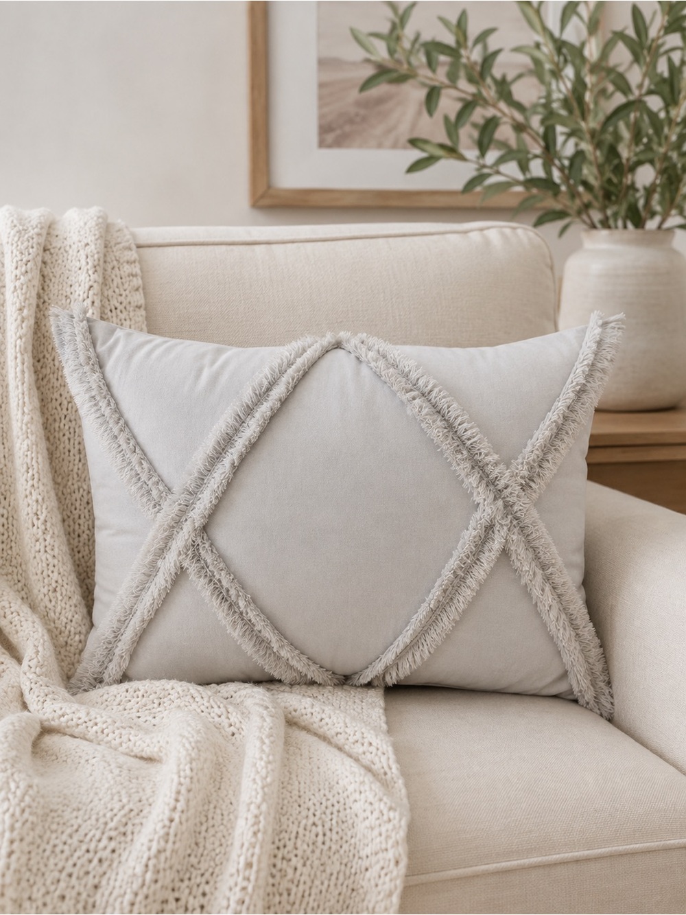 Threshold Neutral Fringe Diamond Accent Pillow - Light Gray